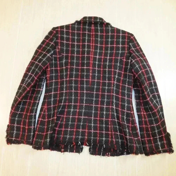 Kasper Tweed Tartan Plaid Blazer Black Red Size 4 Fringe Hem Open Front - Picture 5 of 7
